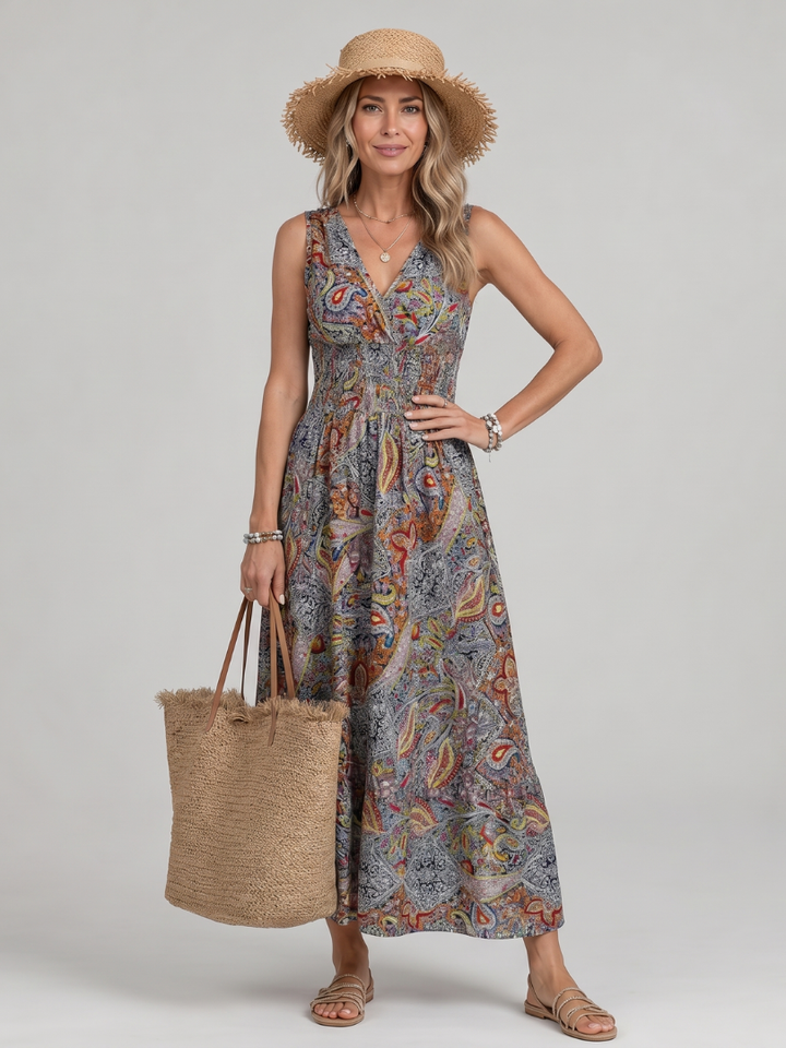 Auvelle | Robe Midi sans Manches à Imprimé Paisley