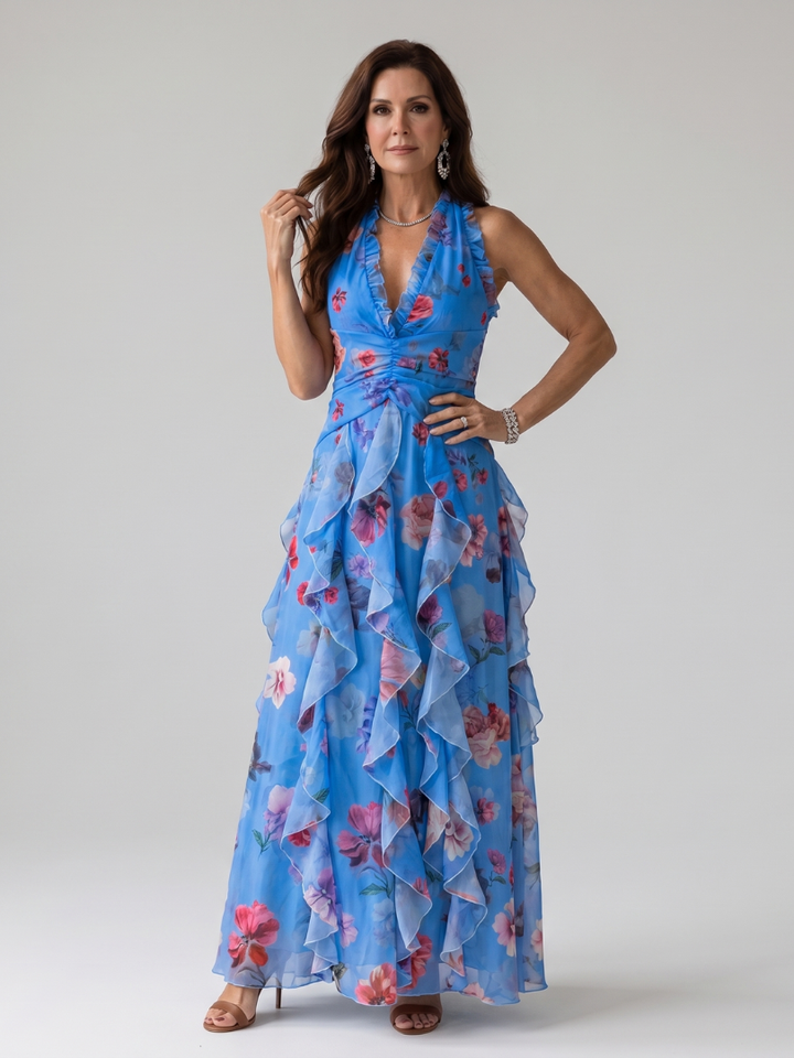 Auvelle | Robe Maxi Fleurie à Encolure Halter et Corps Froncé