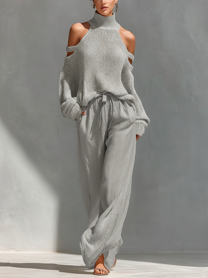 MARIA | Ensemble Top Col Roulé à Épaules Dénudées en Tissu Tricoté