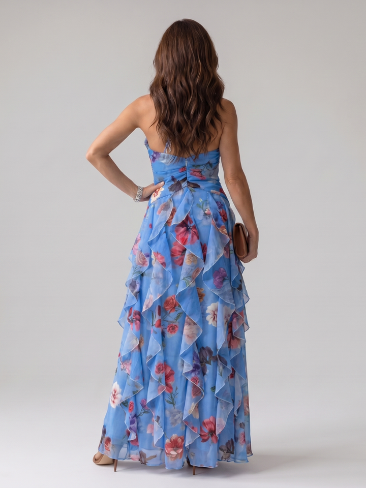 Auvelle | Robe Maxi Fleurie à Encolure Halter et Corps Froncé