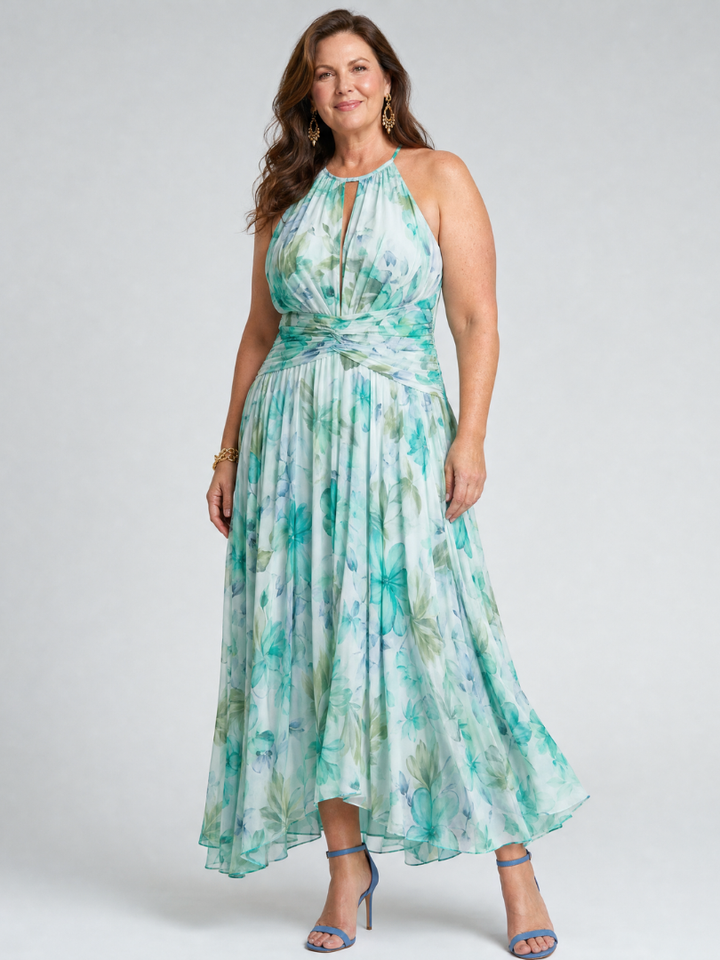 Auvelle | Robe Midi à Bretelles Plissée avec Motif Floral Doux