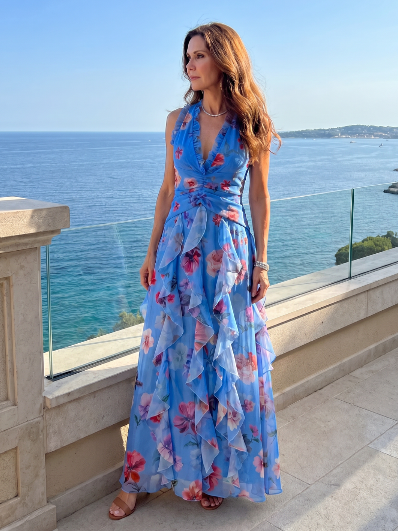 Auvelle | Robe Maxi Fleurie à Encolure Halter et Corps Froncé