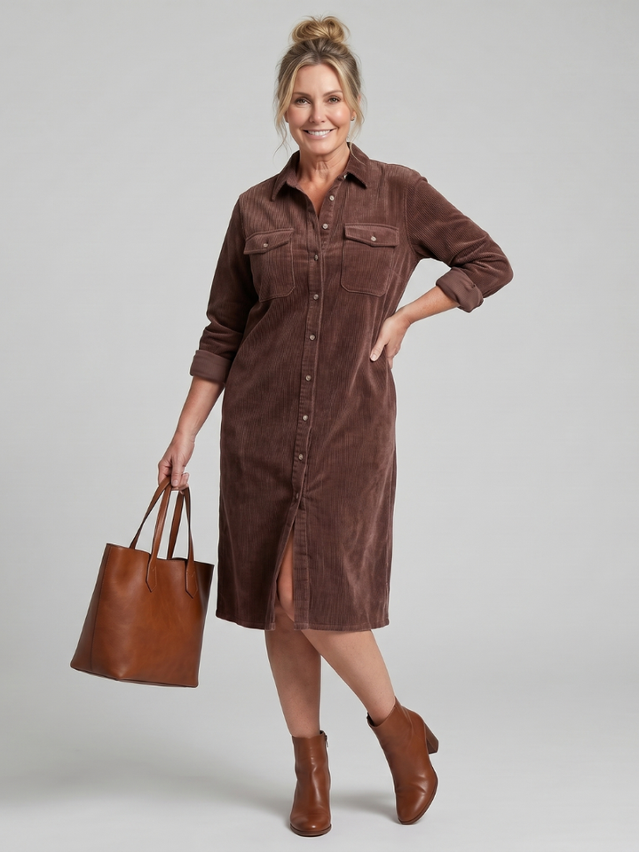 Auvelle | Robe Midi à Manches Longues avec Poches à Rabat