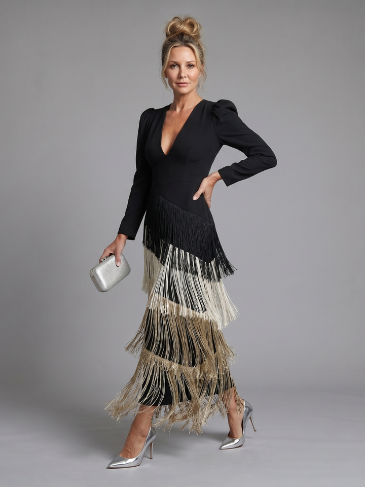 Auvelle | Robe Midi à Manches Longues avec Franges Douces