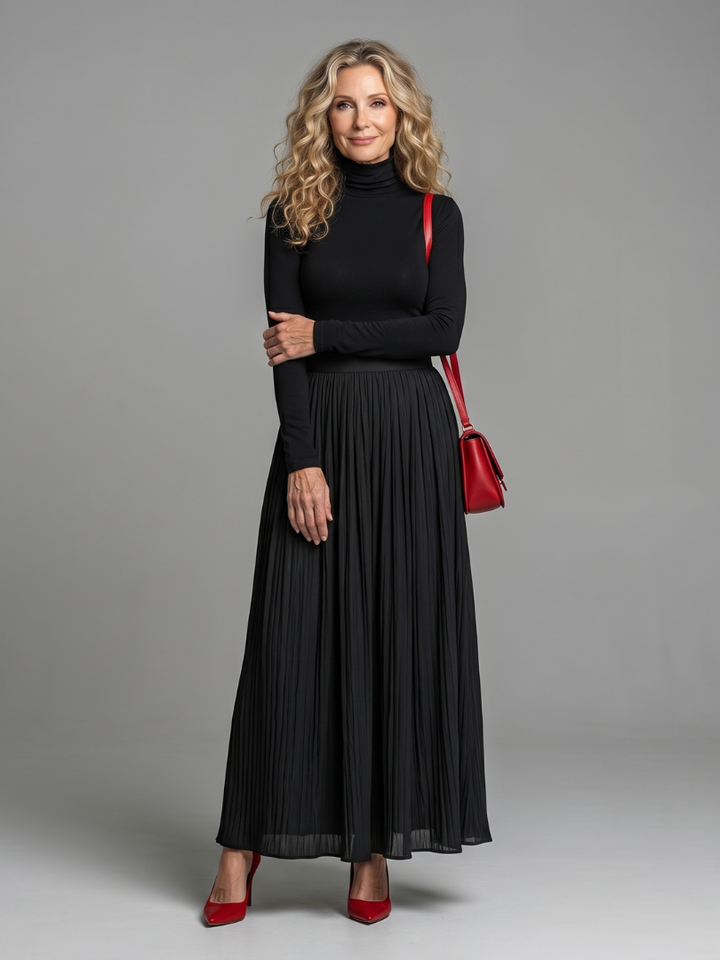 Auvelle | Robe Midi à Col Roulé à Manches Longues et Taille Définie