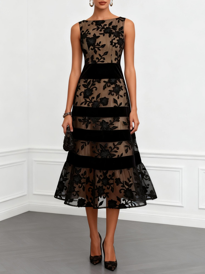 Robe Midi A-Line Sans Manches en Tulle Noir avec Fleurs