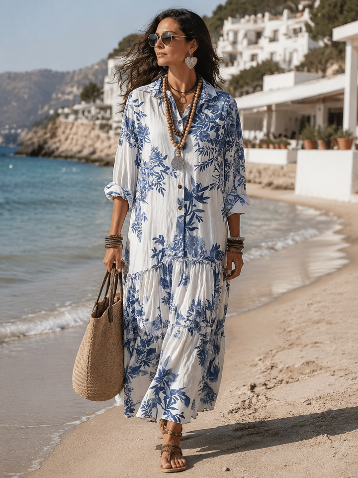 Robe Maxi Boutonnée Florale Bleue Bohème