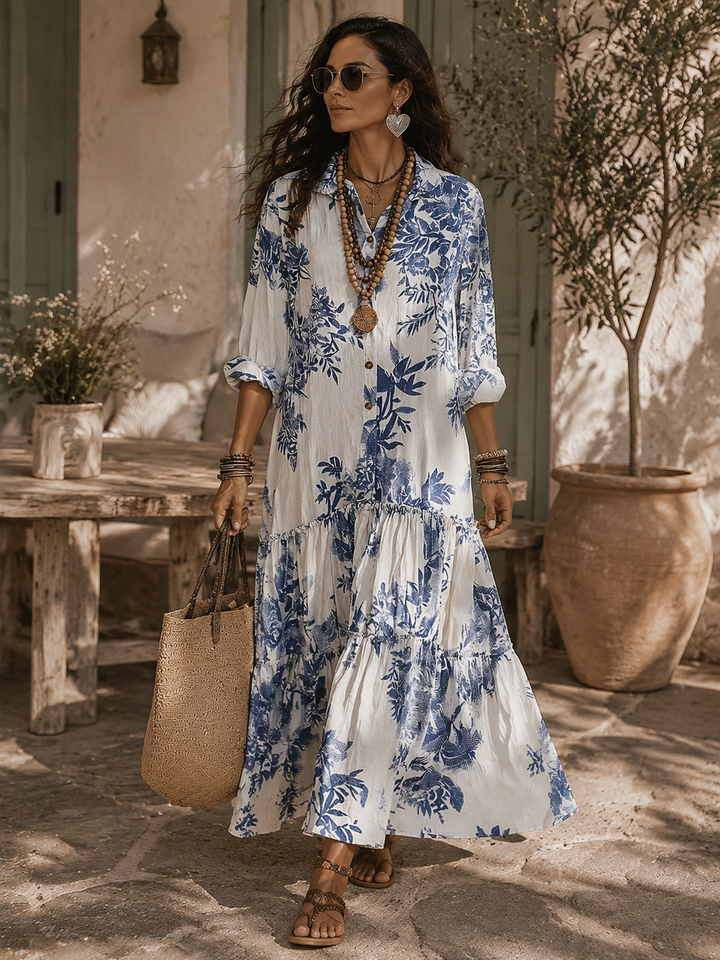 Robe Maxi Boutonnée Florale Bleue Bohème
