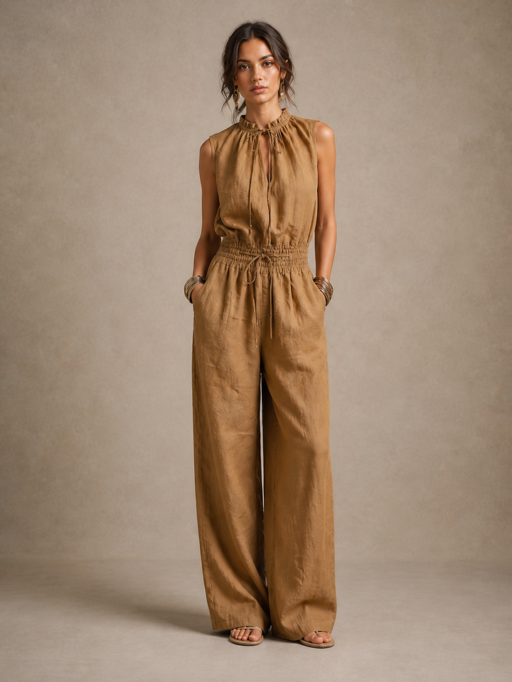 Fatima | Combinaison camel à col noué et jambes larges