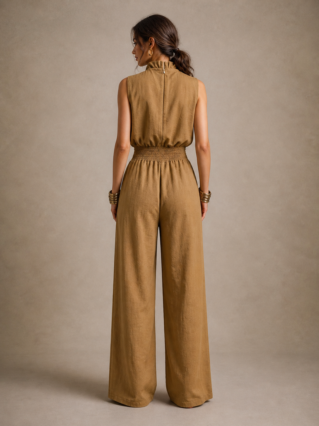 Fatima | Combinaison camel à col noué et jambes larges