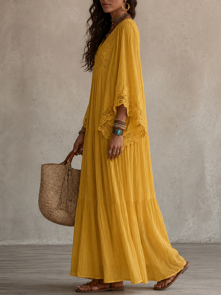 Celeste | Robe longue en chiffon ivoire et dentelle