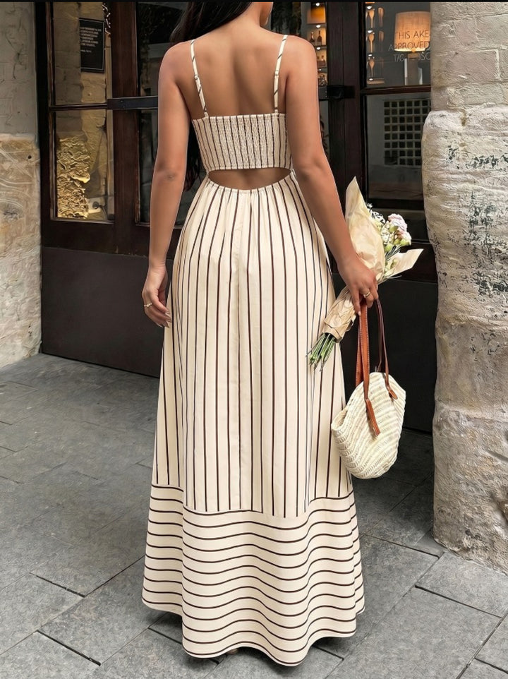 Sylvia | Robe longue à rayures noir et beige à fines bretelles