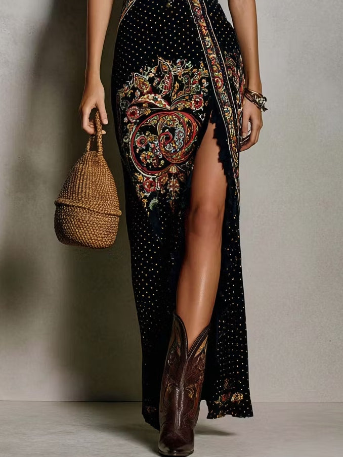 Robe Imprimée de Style Bohémien avec Décolleté en V Profond et Fente Haute