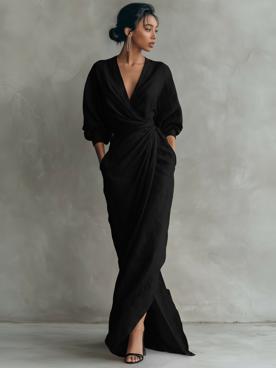 Marie - Robe Maxi Minimaliste Rose avec décolleté en V en mélange de Lin pour Femme