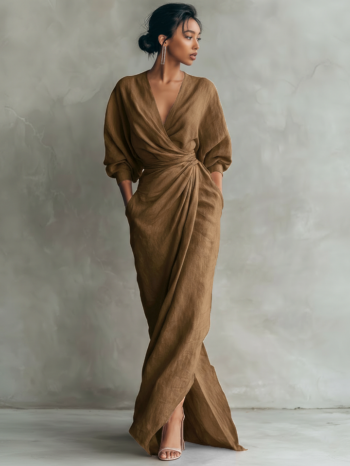 Marie - Robe Maxi Minimaliste Rose avec décolleté en V en mélange de Lin pour Femme