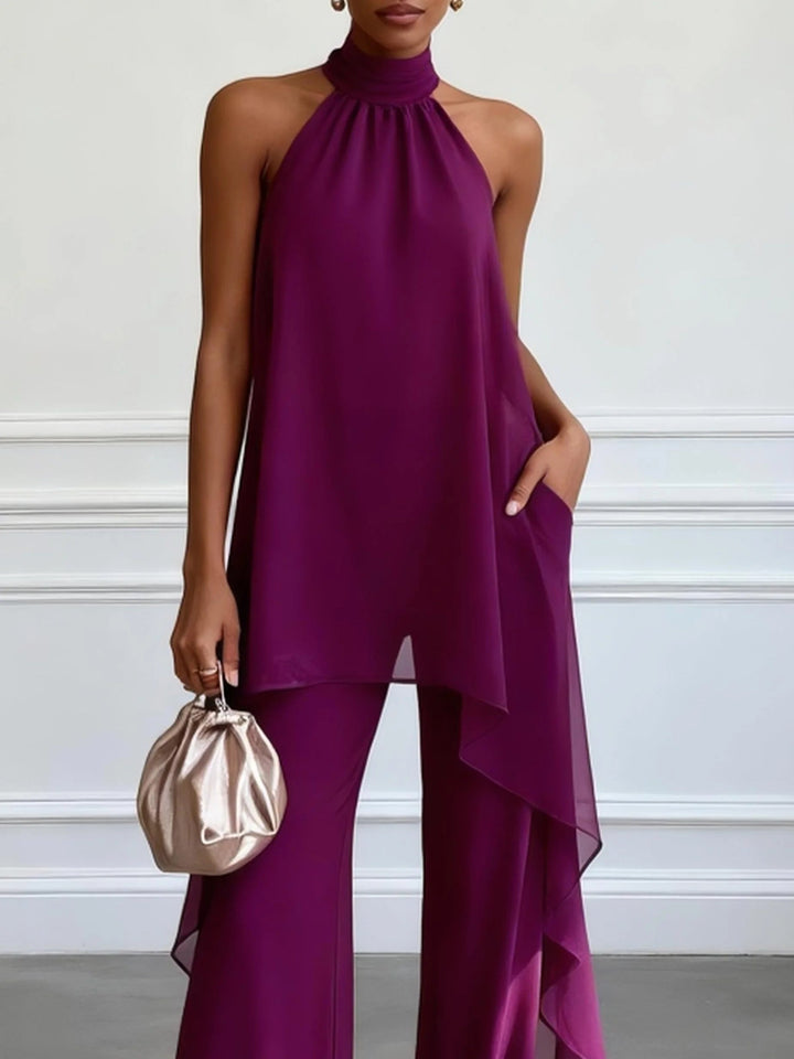 Haut Élégant Sans Manches Violet Avec Pantalons Ensemble Deux Pièces