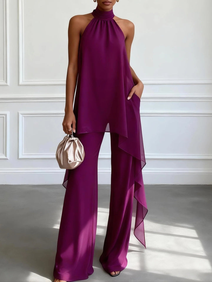 Haut Élégant Sans Manches Violet Avec Pantalons Ensemble Deux Pièces