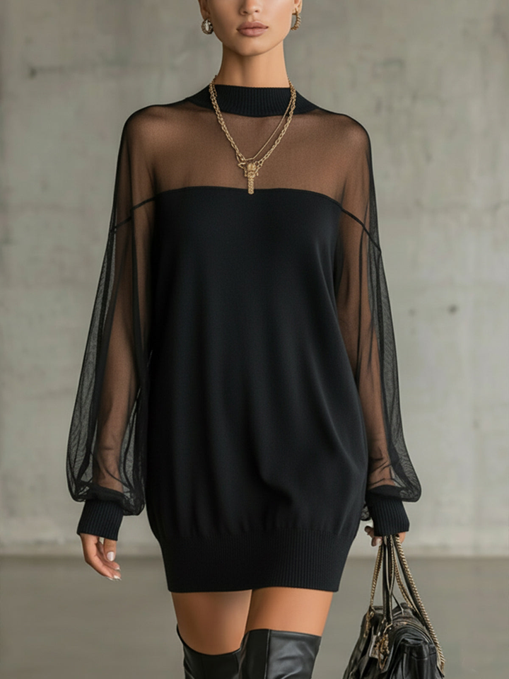 Amélie™ | Élégant Mini Robe Noire avec Manches en Résille