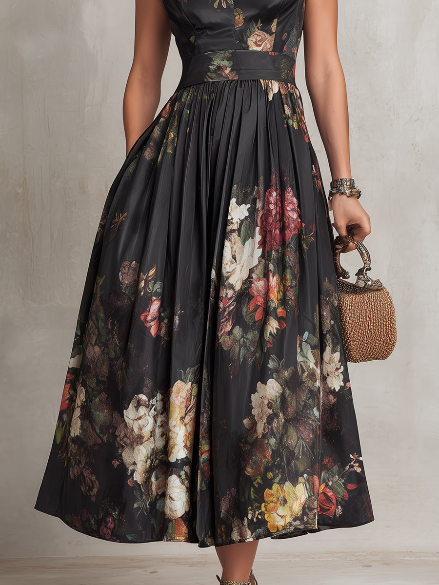 Robe Midi en Satin Plissé avec Col Clé Noir