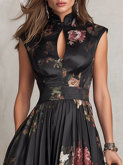 Robe Midi en Satin Plissé avec Col Clé Noir