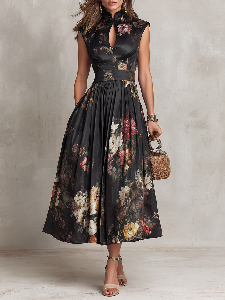 Robe Midi en Satin Plissé avec Col Clé Noir