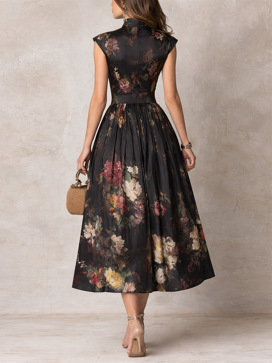 Robe Midi en Satin Plissé avec Col Clé Noir