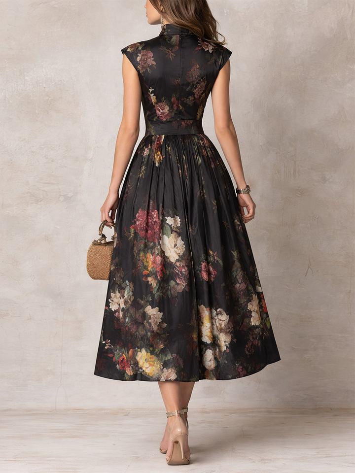 Robe Midi en Satin Plissé avec Col Clé Noir