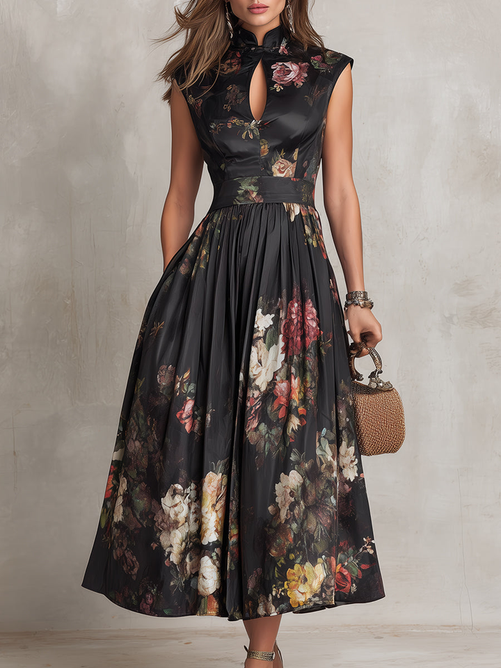 Robe Midi en Satin Plissé avec Col Clé Noir