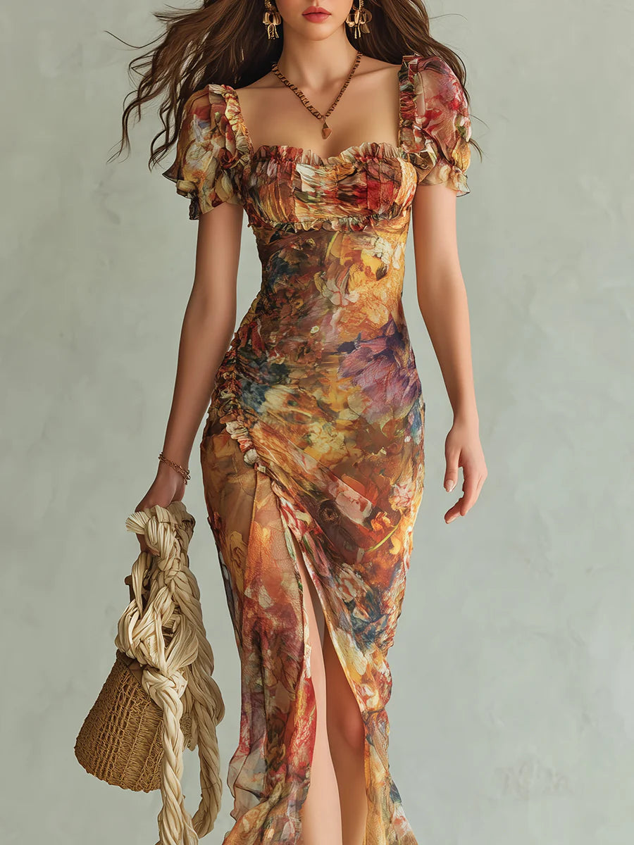 Impression d'Huile sur Toile Bohémienne Orange Robe Maxi en Chiffon