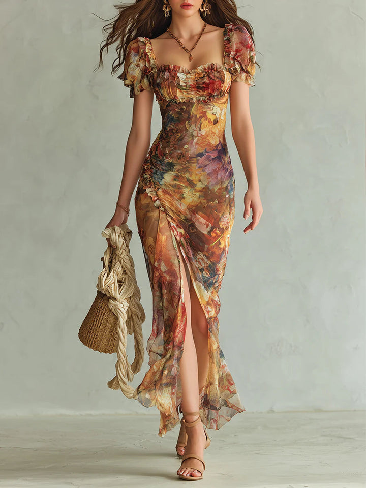 Impression d'Huile sur Toile Bohémienne Orange Robe Maxi en Chiffon