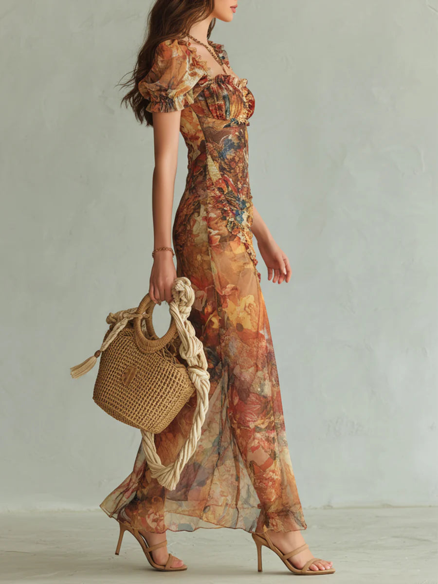 Impression d'Huile sur Toile Bohémienne Orange Robe Maxi en Chiffon