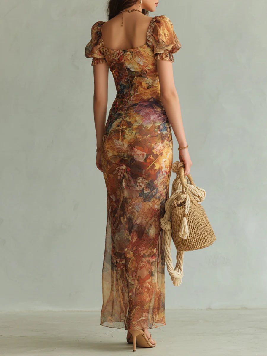 Impression d'Huile sur Toile Bohémienne Orange Robe Maxi en Chiffon