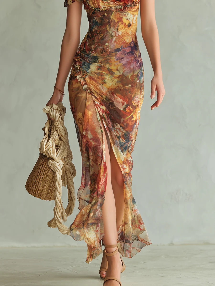 Impression d'Huile sur Toile Bohémienne Orange Robe Maxi en Chiffon