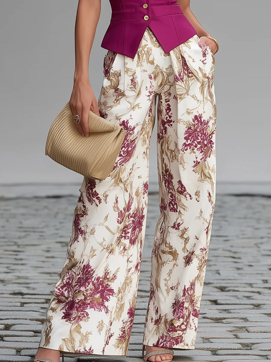 Gilet Sans Manches Rose et Pantalons Amples Imprimés Fleurs