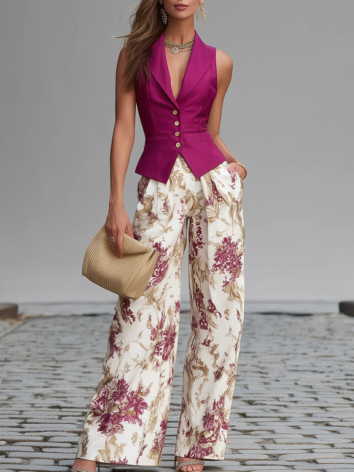 Gilet Sans Manches Rose et Pantalons Amples Imprimés Fleurs