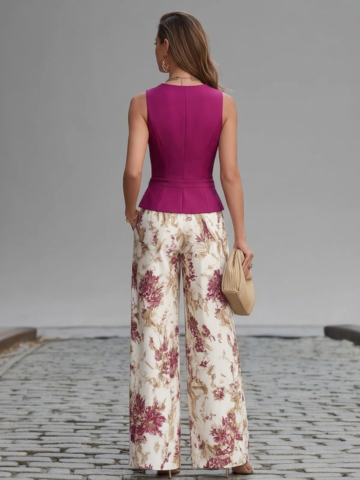 Gilet Sans Manches Rose et Pantalons Amples Imprimés Fleurs