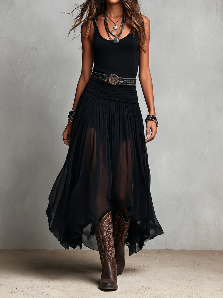 Top sans manches noir avec jupe maxi en tulle (avec ceinture)