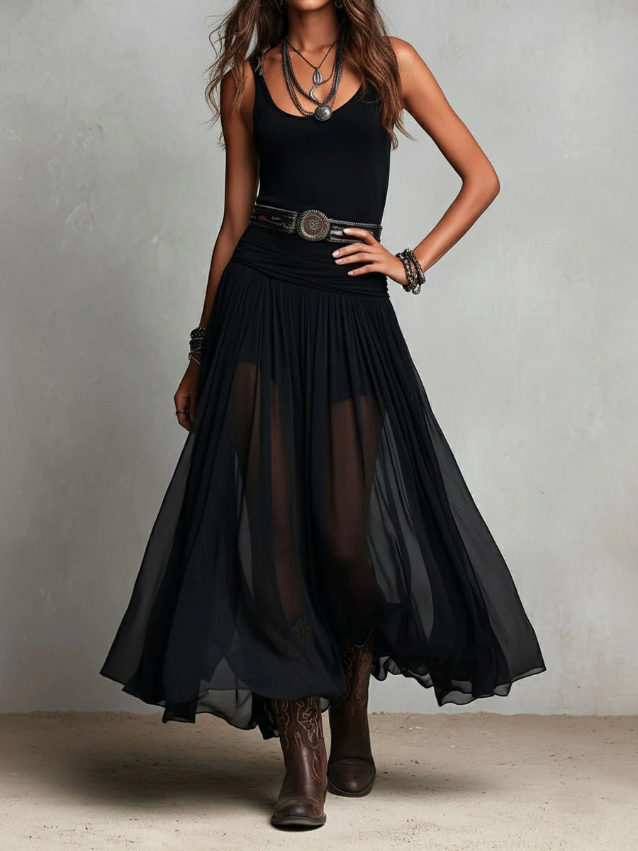 Top sans manches noir avec jupe maxi en tulle (avec ceinture)