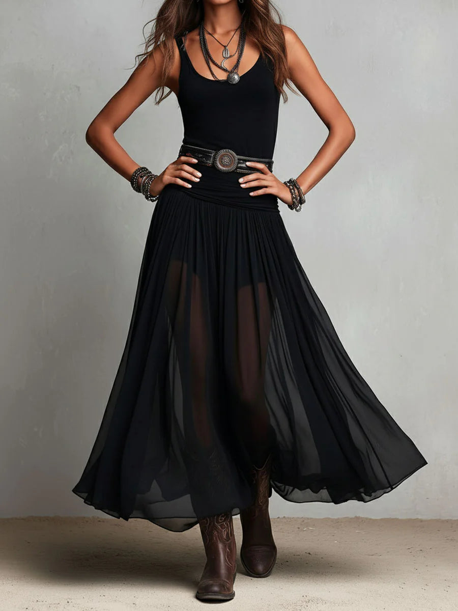 Top sans manches noir avec jupe maxi en tulle (avec ceinture)
