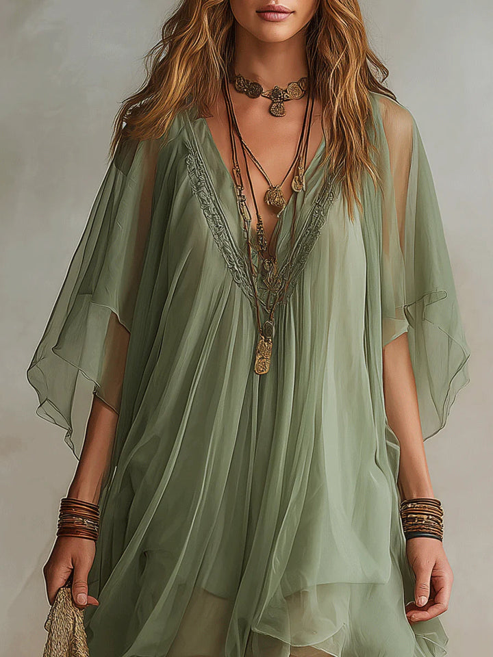 Robe Mini Flottante en Chiffon Vert avec Décolleté en V