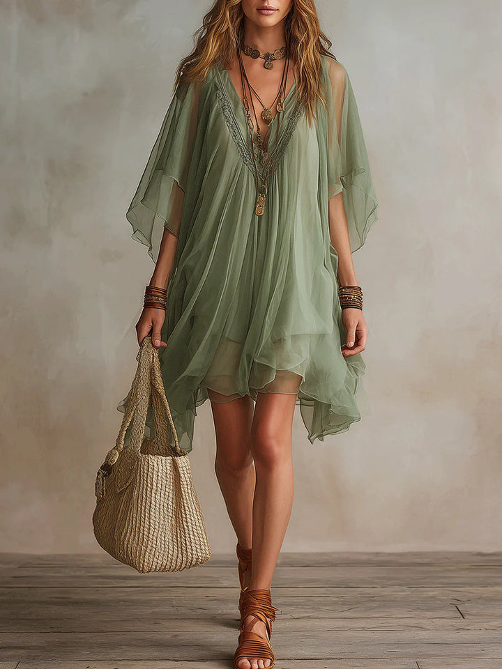 Robe Mini Flottante en Chiffon Vert avec Décolleté en V