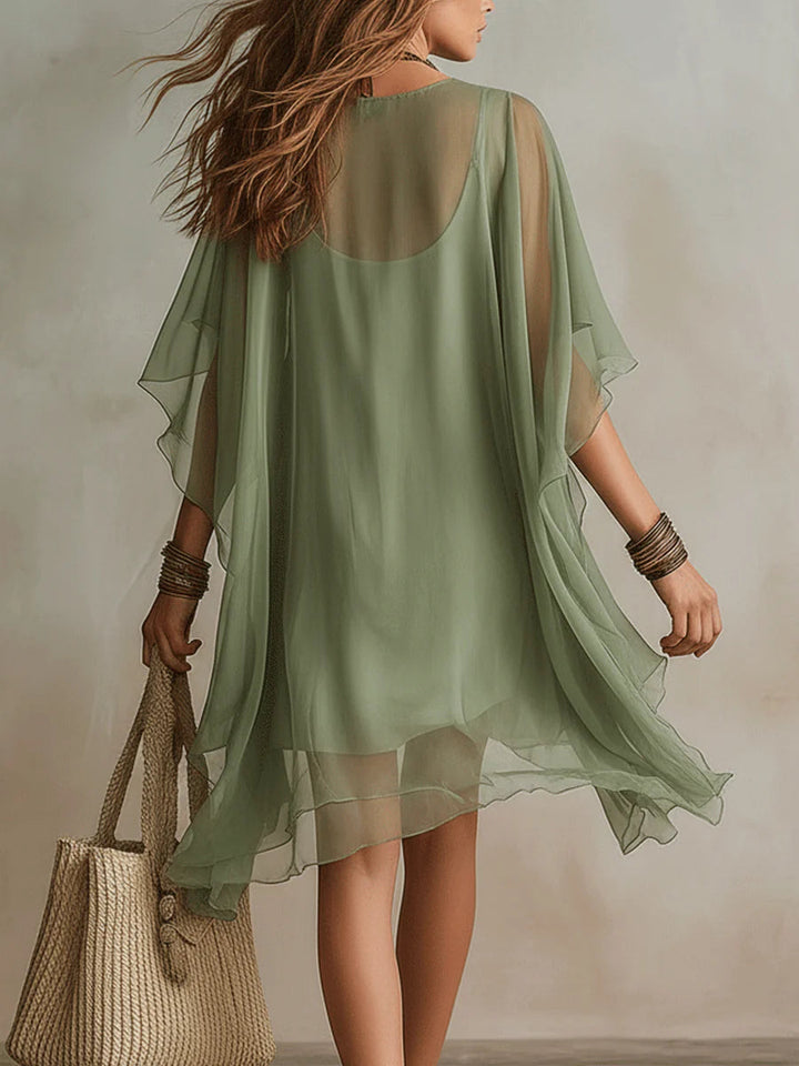 Robe Mini Flottante en Chiffon Vert avec Décolleté en V