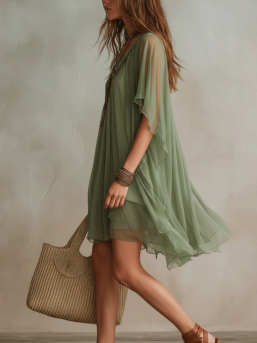 Robe Mini Flottante en Chiffon Vert avec Décolleté en V