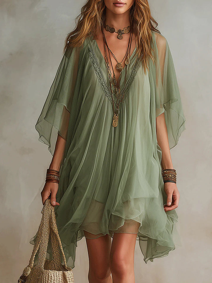 Robe Mini Flottante en Chiffon Vert avec Décolleté en V