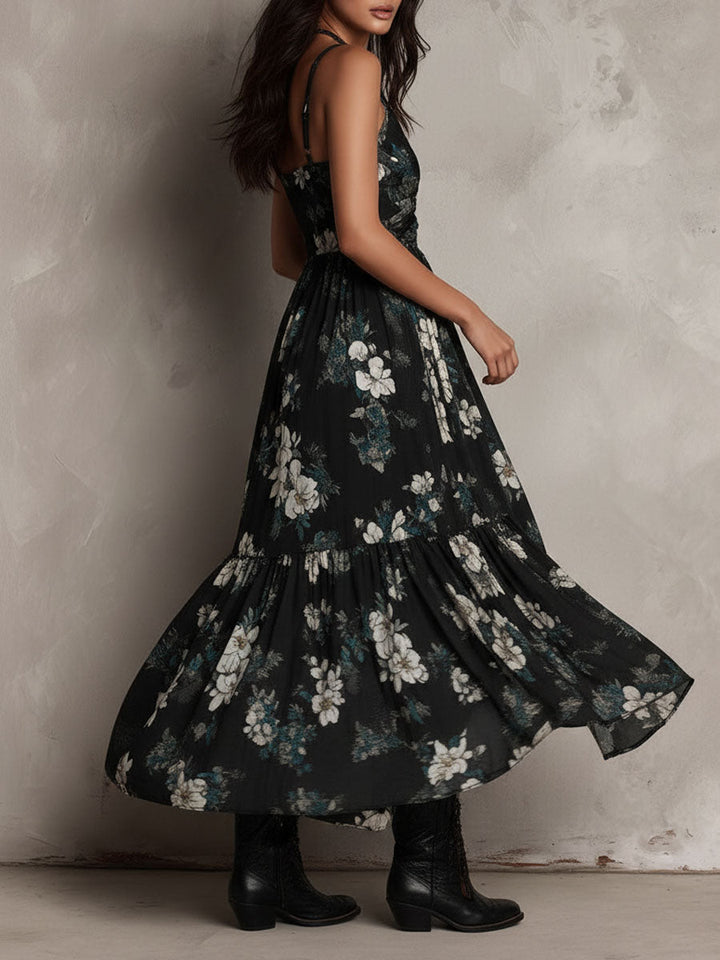 Robe Maxi Sans Bretelles Irregulière avec Imprimé Floral Bohémien Noir