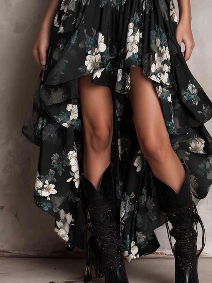 Robe Maxi Sans Bretelles Irregulière avec Imprimé Floral Bohémien Noir