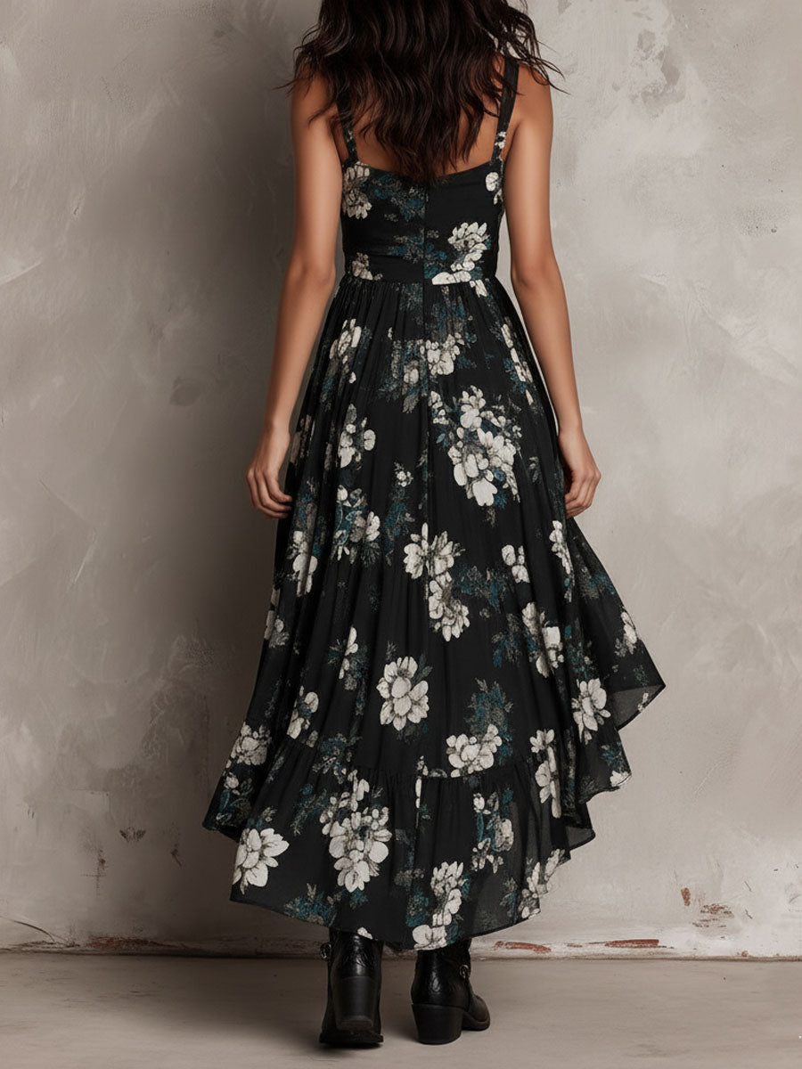Robe Maxi Sans Bretelles Irregulière avec Imprimé Floral Bohémien Noir
