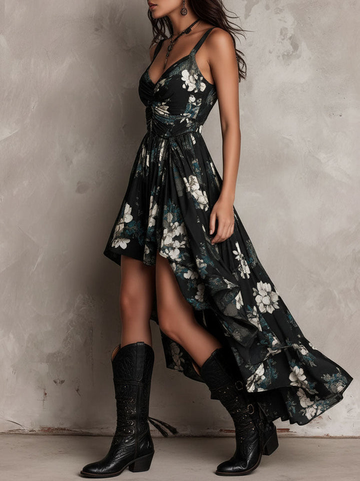 Robe Maxi Sans Bretelles Irregulière avec Imprimé Floral Bohémien Noir
