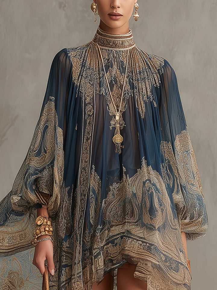 Robe Mini en Chiffon Irregulaire à Col Haut avec Imprimé Baroque Bleu Marine