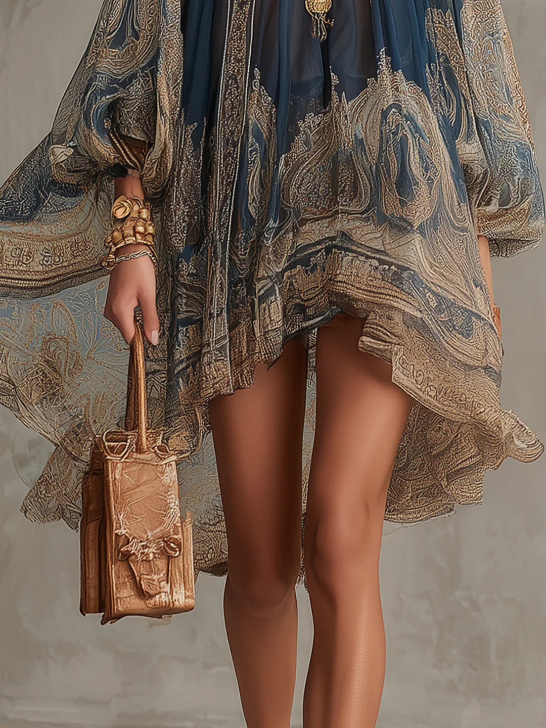 Robe Mini en Chiffon Irregulaire à Col Haut avec Imprimé Baroque Bleu Marine